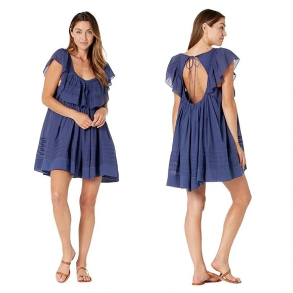 Free People Hailey Blue Oversized Ruffle Gauzy Mini Dress Small - Picture 1 of 16